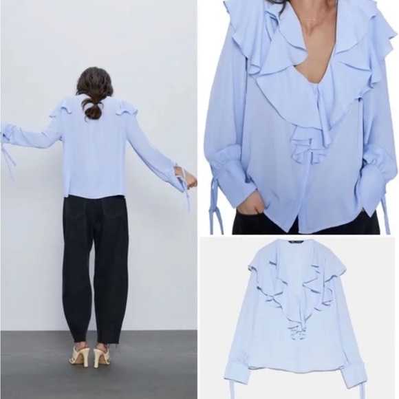 Zara Blue Elegant Ruffle Neckline and Tied Cuff Blouse - Picture 2 of 10